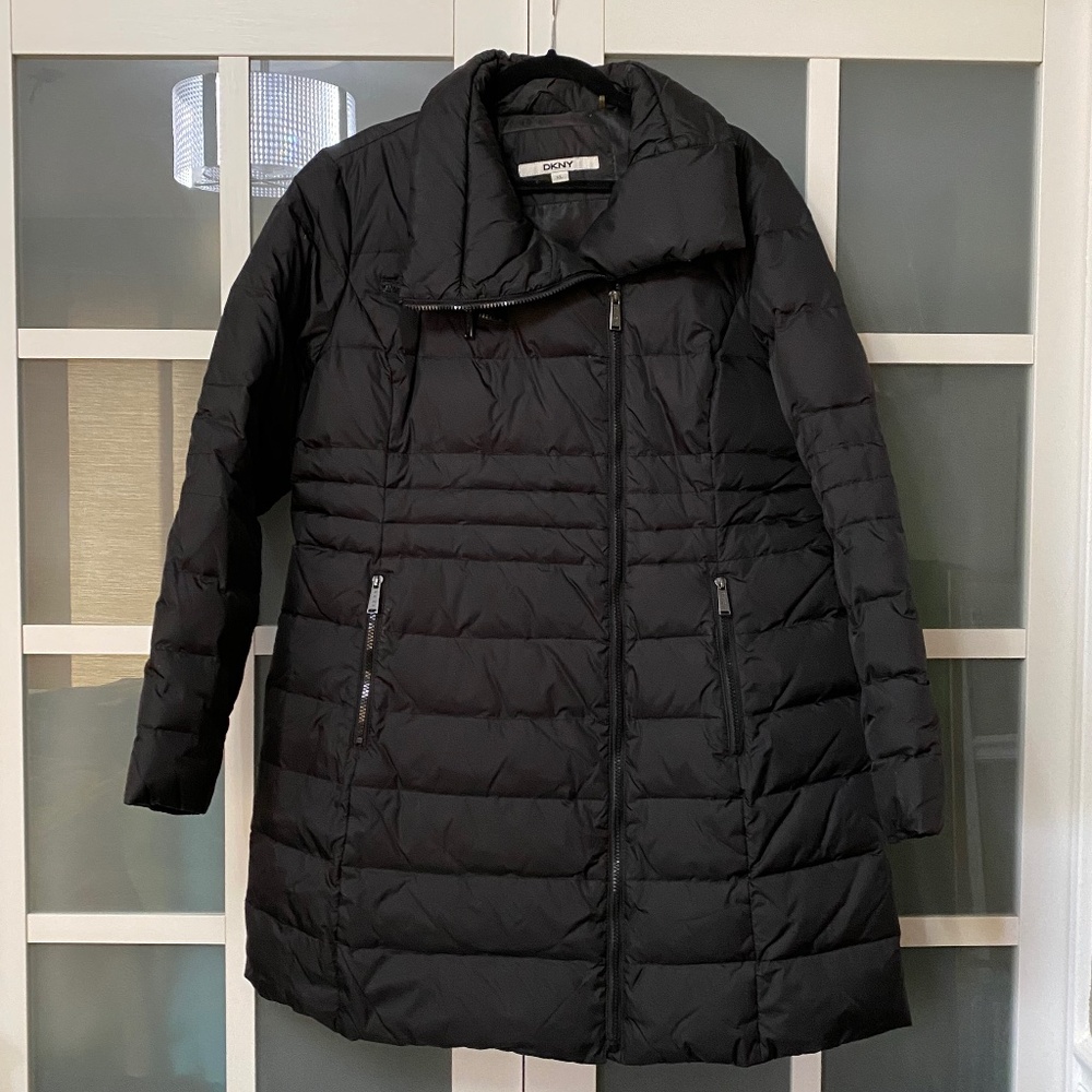 DKNY Asymmetrical Down Puffer Coat, XL, Black